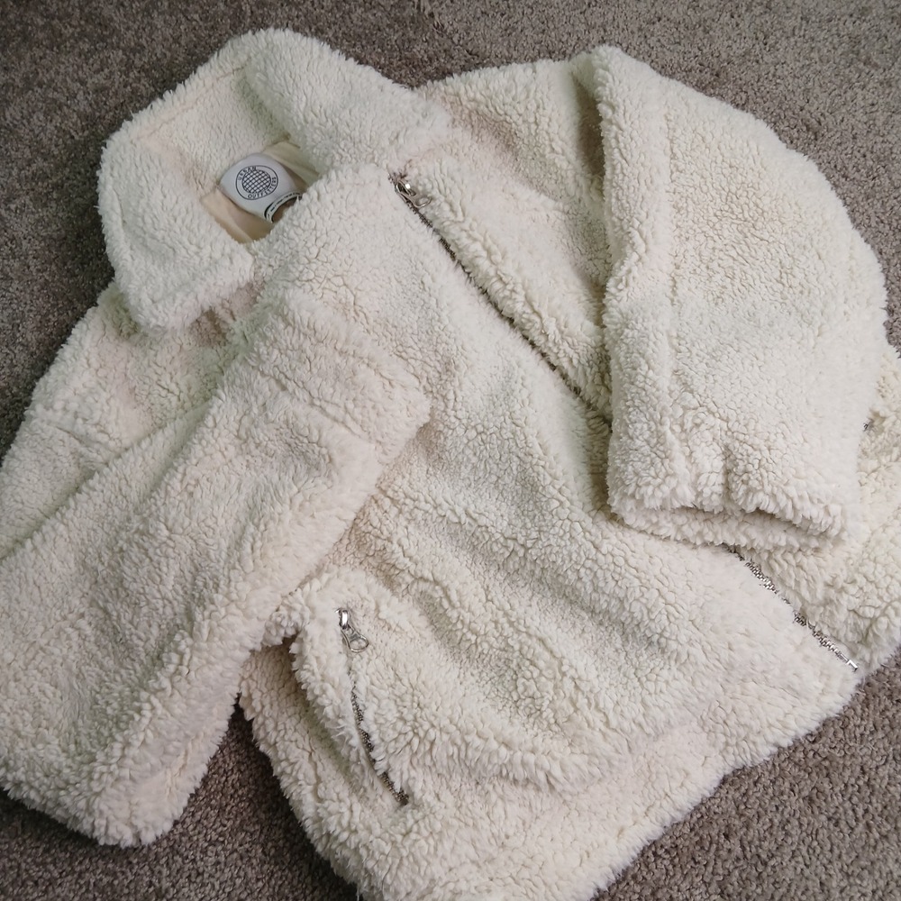 Urban Outfitters Cream Faux Shearling Moto Jacket Small Teddy Fleece Zip Up